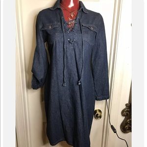 J GLEE DENIM LACE UP FRONT DRESS - SIZE SMALL S - ROLL TAB SLEEVES -100% COTTON